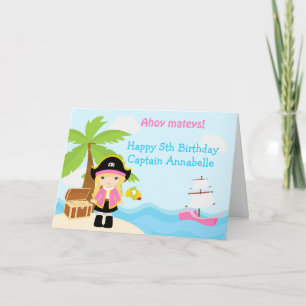 Carte Blonde mignonne fille Pirate en rose fête d'annive