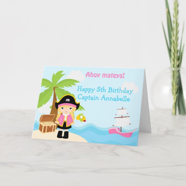 Carte Blonde mignonne fille Pirate en rose fête d'annive (Devant)