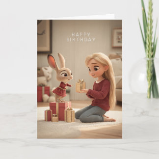 Carte Blonde recevant un lapin en robe rouge cadeau d'an