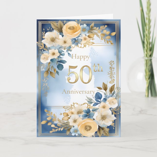 Carte Blue and White Watercolor 50th Wedding Anniversary (Devant)