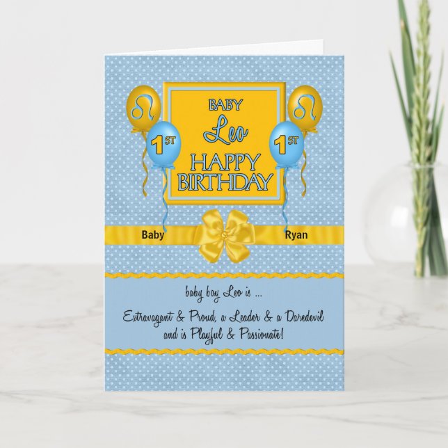 Carte Blue Baby Boy Leo Zodiac 1er anniversaire (Devant)