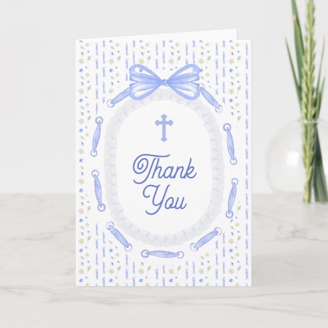 Carte Blue Bow Ribbon Frame Floral Religious Thank You (Devant)