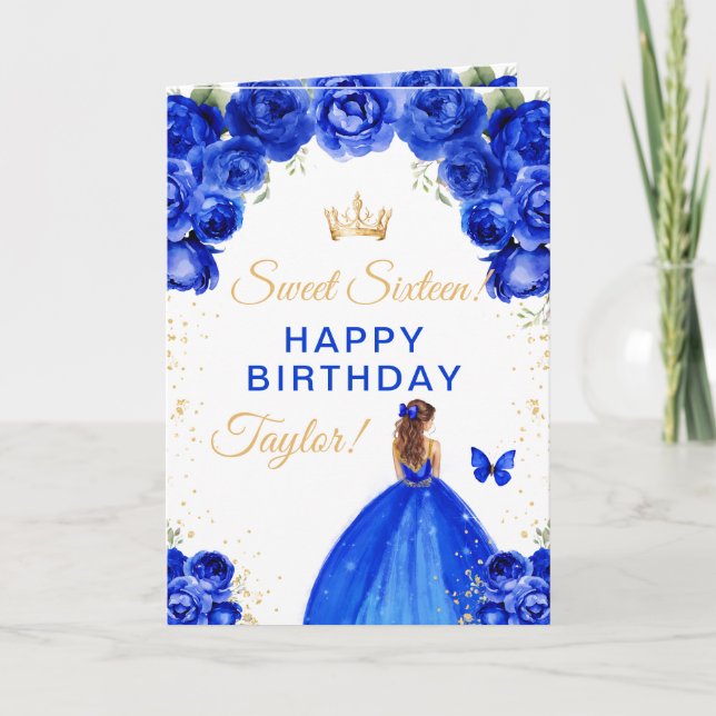 Carte Blue Brown cheveux fille Sweet sixteen anniversair (Devant)