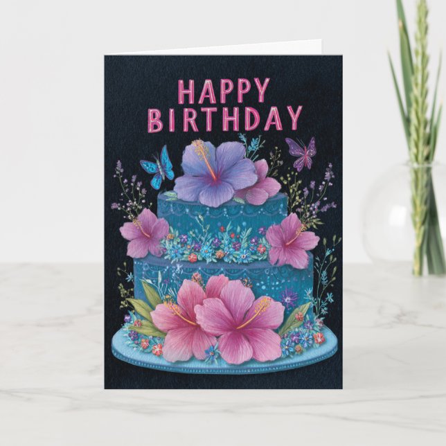 Carte Blue Cake with Pink Hibiscus Birthday Greeting Car (Devant)