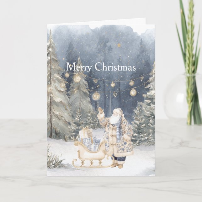 Carte Blue Cream Santa Snow Christmas Trees (Devant)