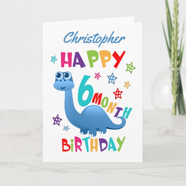 Carte Blue Dinosaur 6 mois Anniversaire (Devant)
