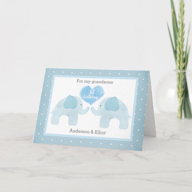 Carte Blue Elephant Twins 1er anniversaire (Devant)
