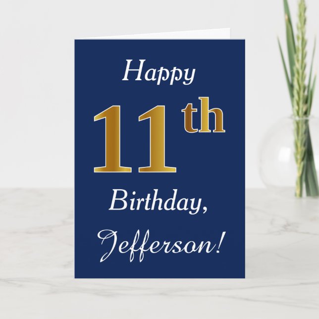 Carte Blue, Faux Gold 11e anniversaire + Nom personnalis (Devant)