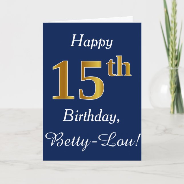 Carte Blue, Faux Gold 15e anniversaire + Nom personnalis (Devant)