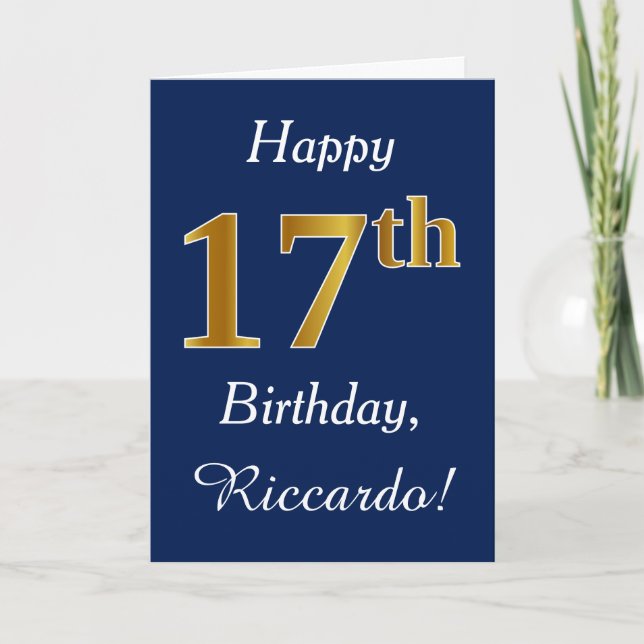 Carte Blue, Faux Gold 17e anniversaire + Nom personnalis (Devant)