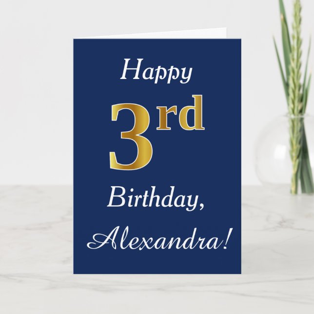 Carte Blue, Faux Gold 3e anniversaire + Nom personnalisé (Devant)