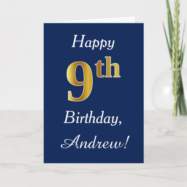 Carte Blue, Faux Gold 9e anniversaire + Nom personnalisé (Devant)