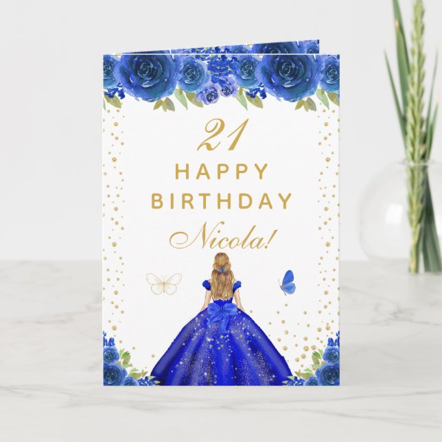 Carte Blue Floral Blonde Hair Girl Birthday (Devant)