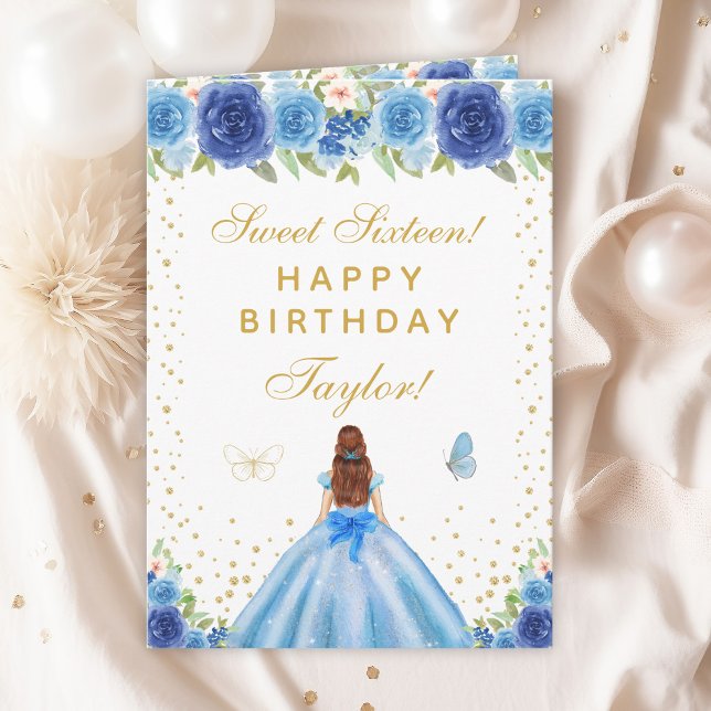 Carte Blue Floral Brown Sweet sixteen fille cheveux (Créateur téléchargé)
