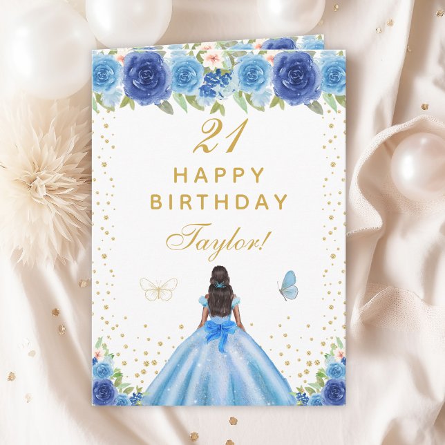 Carte Blue Floral Dark Skin Girl Joyeux anniversaire (Créateur téléchargé)