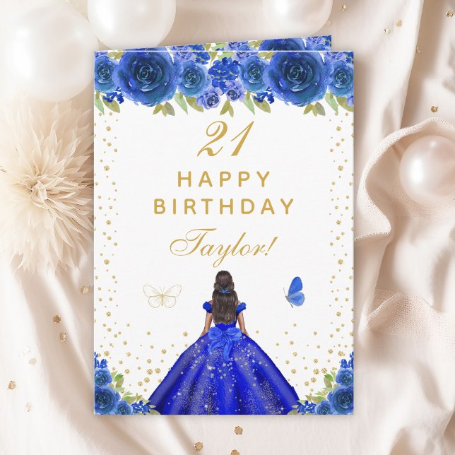 Carte Blue Floral Dark Skin Girl Joyeux anniversaire (Créateur téléchargé)
