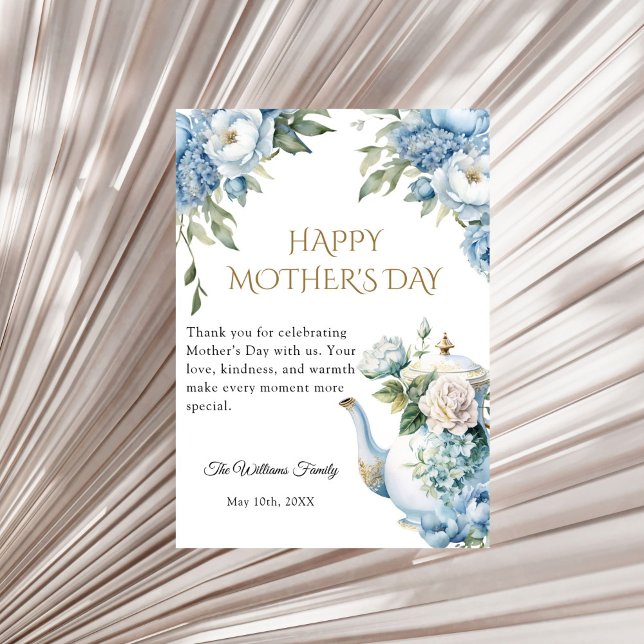 Carte Blue Floral Mother's Day Tea Party Thank you (Elegant Blue Floral Teapot Mother's Day Thank you card)