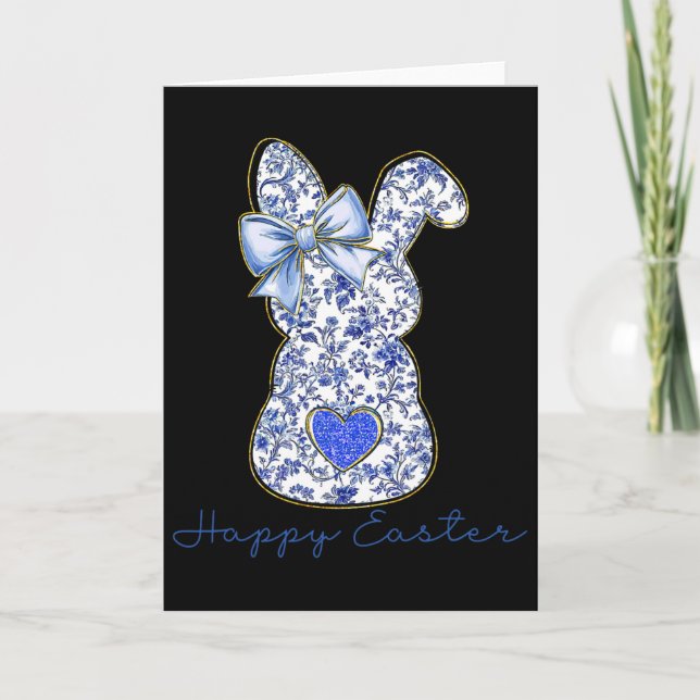 Carte Blue Floral Toile Chinoiserie Bunny Easter For Gir (Devant)