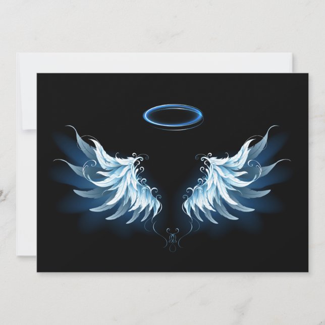 Carte Blue Glowing Angel Wings on black background (Devant)