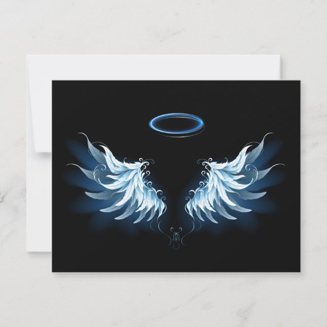 Carte Blue Glowing Angel Wings on black background (Devant)