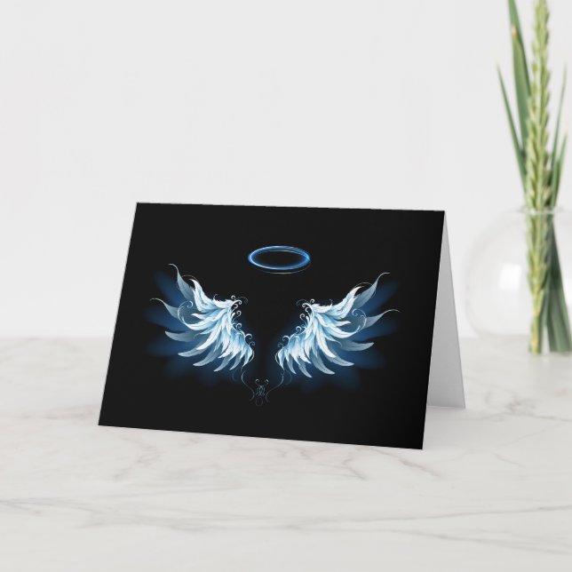 Carte Blue Glowing Angel Wings on black background (Devant)