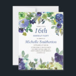 Carte Blue Green Watercolor Floral 16th Birthday Party<br><div class="desc">Elegant 16th birthday party invitation with pretty blue and green watercolor flowers.  You can customize the text on this card for a birthday party for any age you are celebrating.</div>