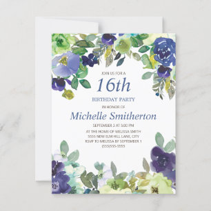 Carte Blue Green Watercolor Floral 16th Birthday Party