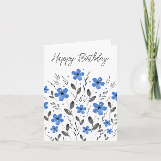 Carte Blue Grey Cinq Pétales Aquarelle Motif Floral (Devant)