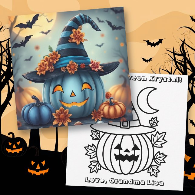 Carte Blue Halloween Pumpkin & Coloring Page Personalize (Créateur téléchargé)