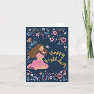 Carte Blue Happy Birthday Lady Floral Flowers