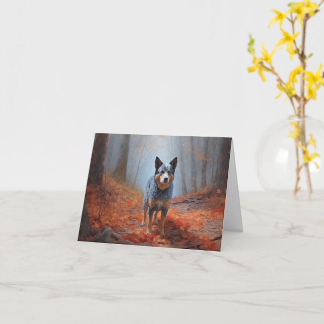 Carte Blue Heeler dans les feuilles d'automne automne au (Fleur jaune)