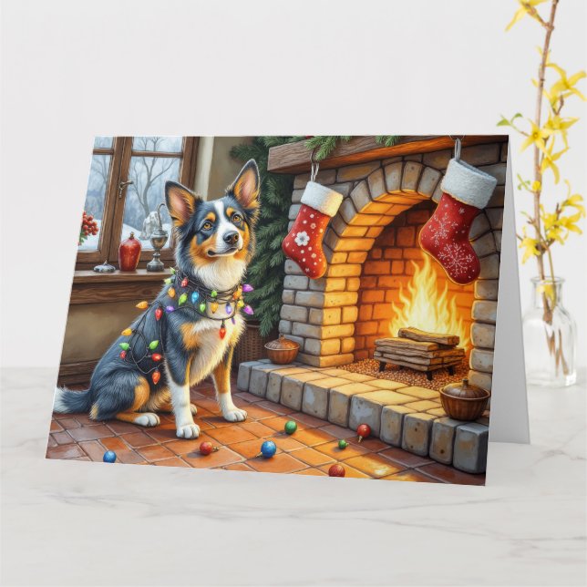 Carte Blue Heeler Fireplace with Christmas Lights (Fleur jaune)