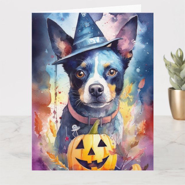 Carte Blue Heeler Halloween avec citrouilles effrayant (Petite plante)
