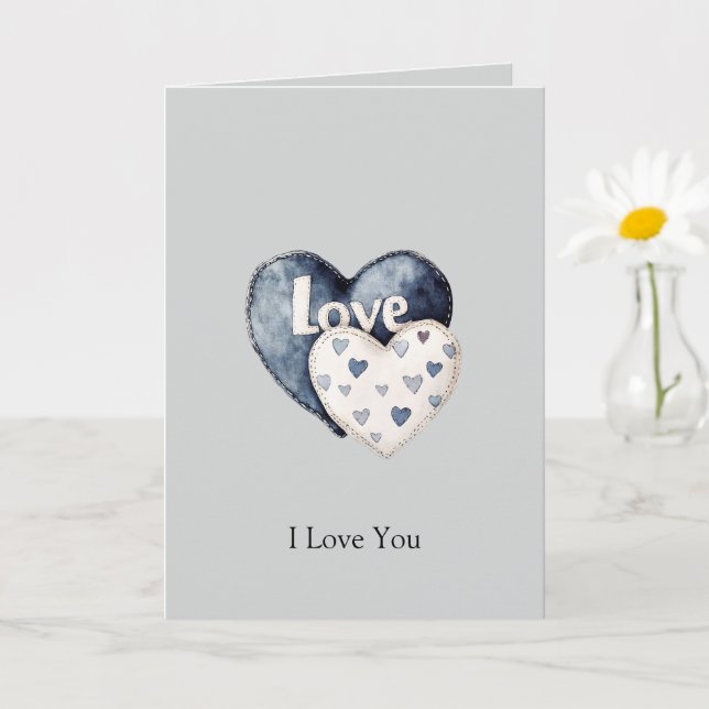 Carte Blue Jean Denim Hearts Love (Petite plante)