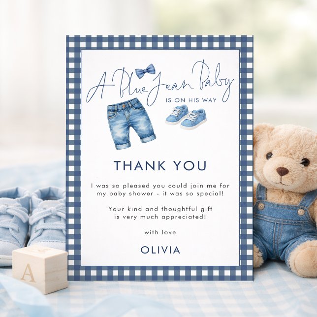Carte Blue Jean Gingham Thank You Boy Baby Shower  (Créateur téléchargé)