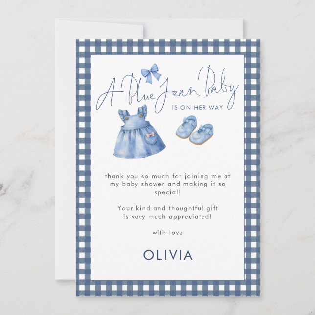Carte Blue Jean Gingham Thank You Girl Baby Shower  (Devant)