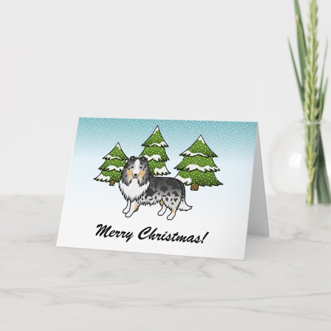 Carte Blue Merle Sheltie Dessin Chien En Hiver & Texte (Devant)