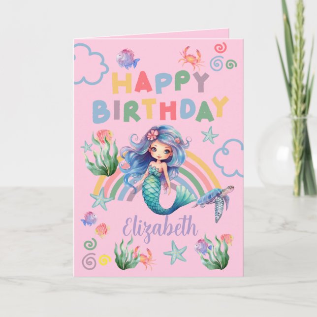 Carte Blue Mermaid Birthday Card in Pink (Devant)