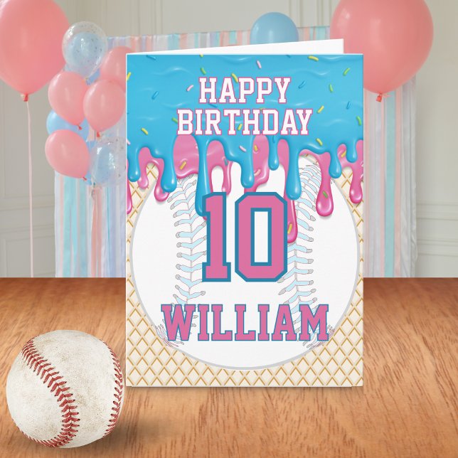 Carte Blue Pink Baseball Drip Any Age Birthday (Pink Blue Baseball Drip Birthday Greeting Card
)