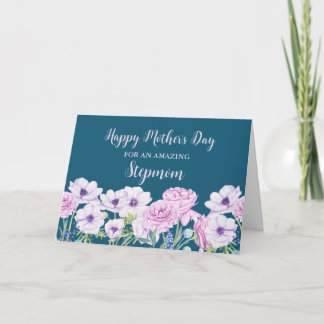 Carte Blue Purple Flowers Stepmaman Happy Mère's