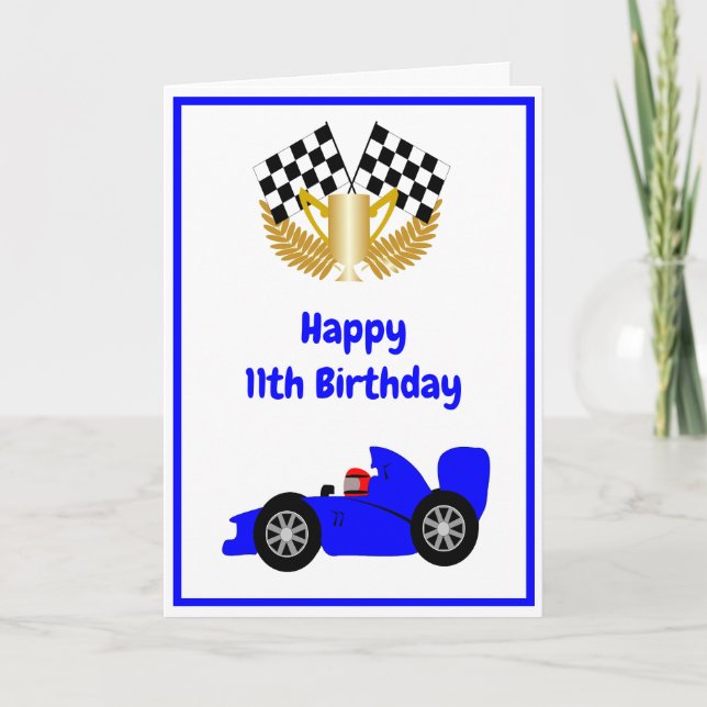 Carte Blue Racing Car personnalisé 11e anniversaire (Devant)