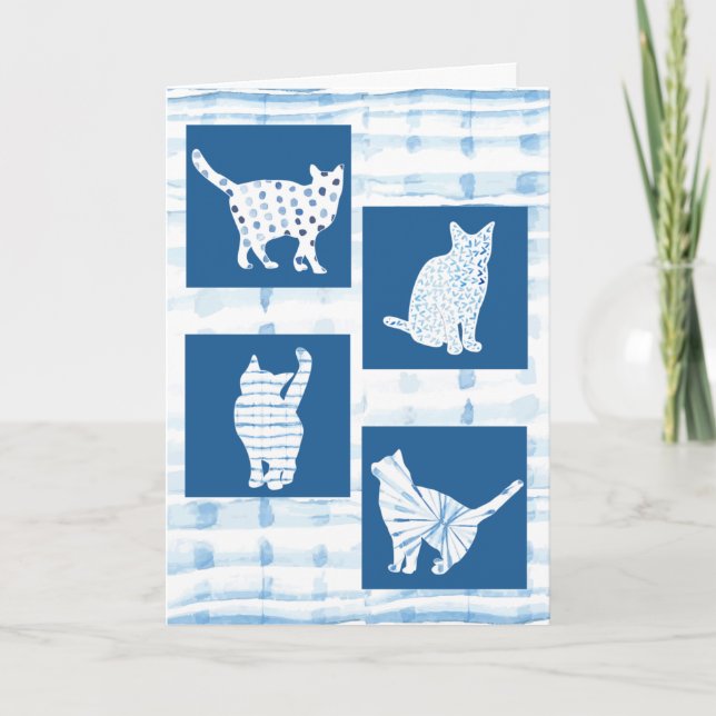 Carte Blue Shibori Chat Silhouettes Blank Penser de vous (Devant)