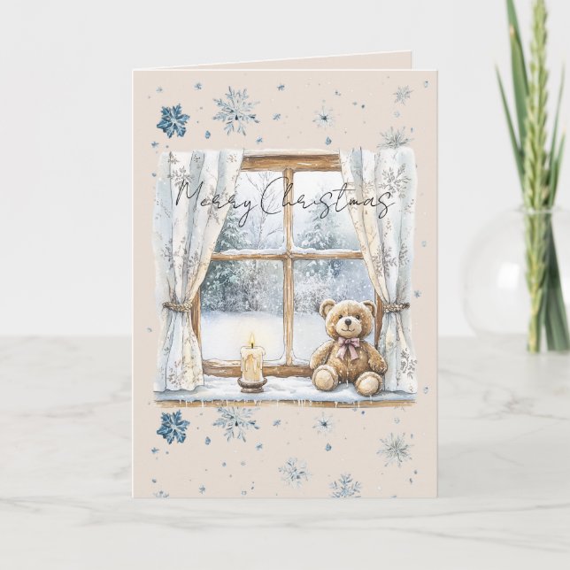 Carte Blue Silver Snowflakes Window Teddy Bear Christmas (Devant)