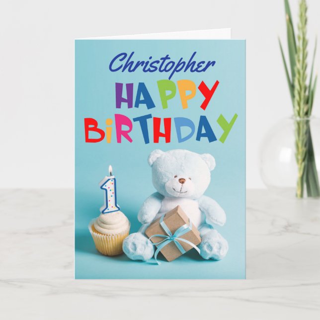 Carte Blue Teddy Bear 1er anniversaire (Devant)