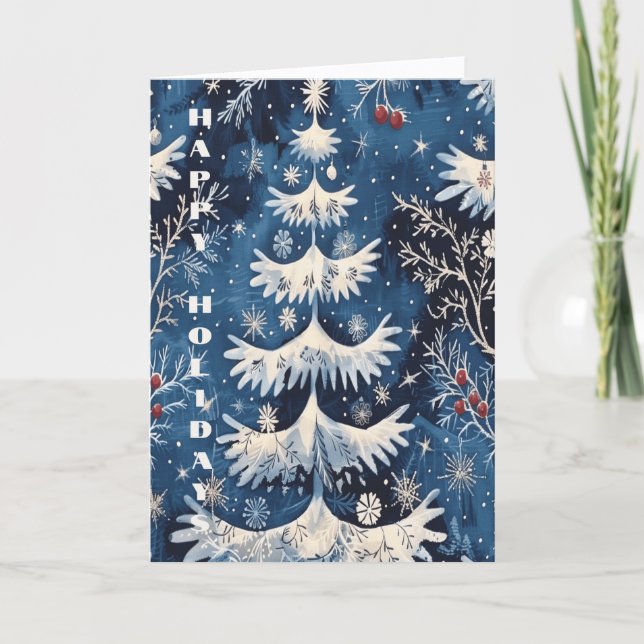 Carte Blue White Christmas Tree Holiday Card (Devant)
