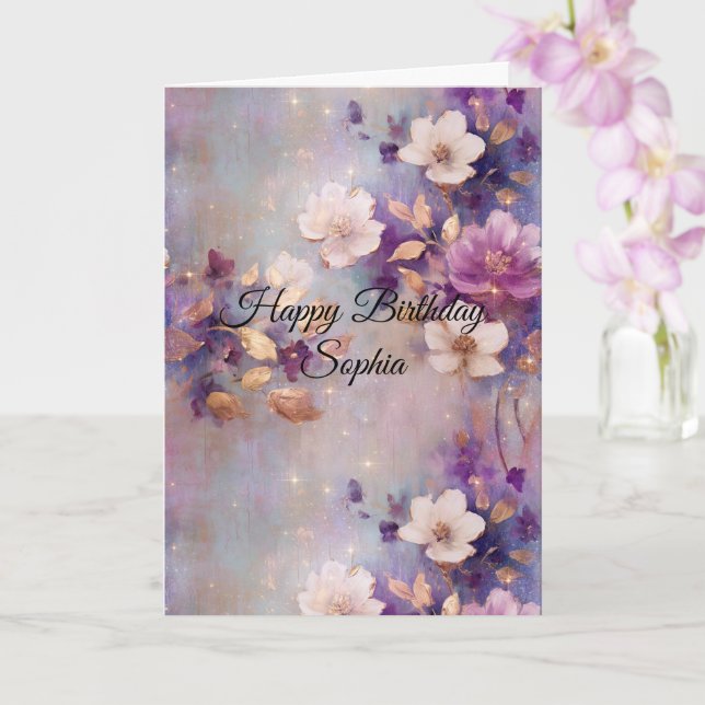 Carte Blue White Gold Purple Floral Birthday (Orchidée)
