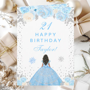 Carte Blue Winter Dark Skin Princess Anniversaire