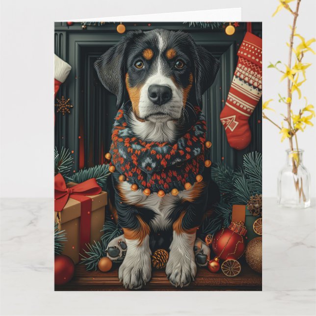 Carte Bluetick Coonhound avec cheminée de cadeaux de Noë (Fleur jaune)