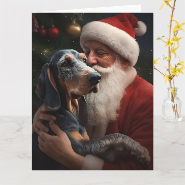 Carte Bluetick Coonhound avec le Père Noël Noël (Fleur jaune)