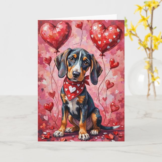 Carte Bluetick Coonhound Saint-Valentin Chien Assis (Fleur jaune)